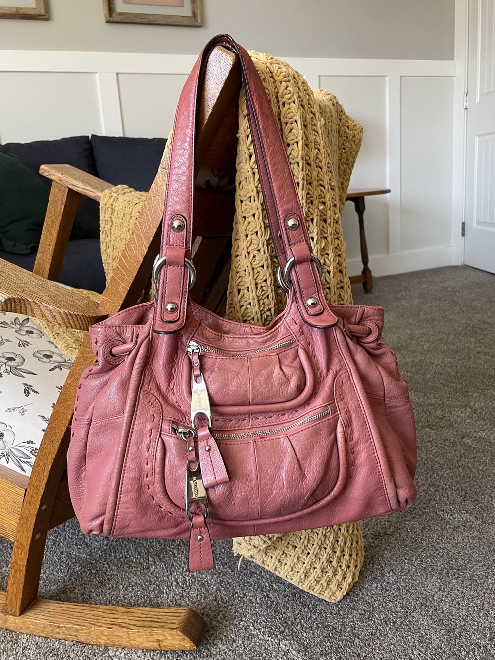 b. makowsky Y2K Dusty Rose Pink Leather Satchel Shoulder Bag - Whipstitch, Hobo